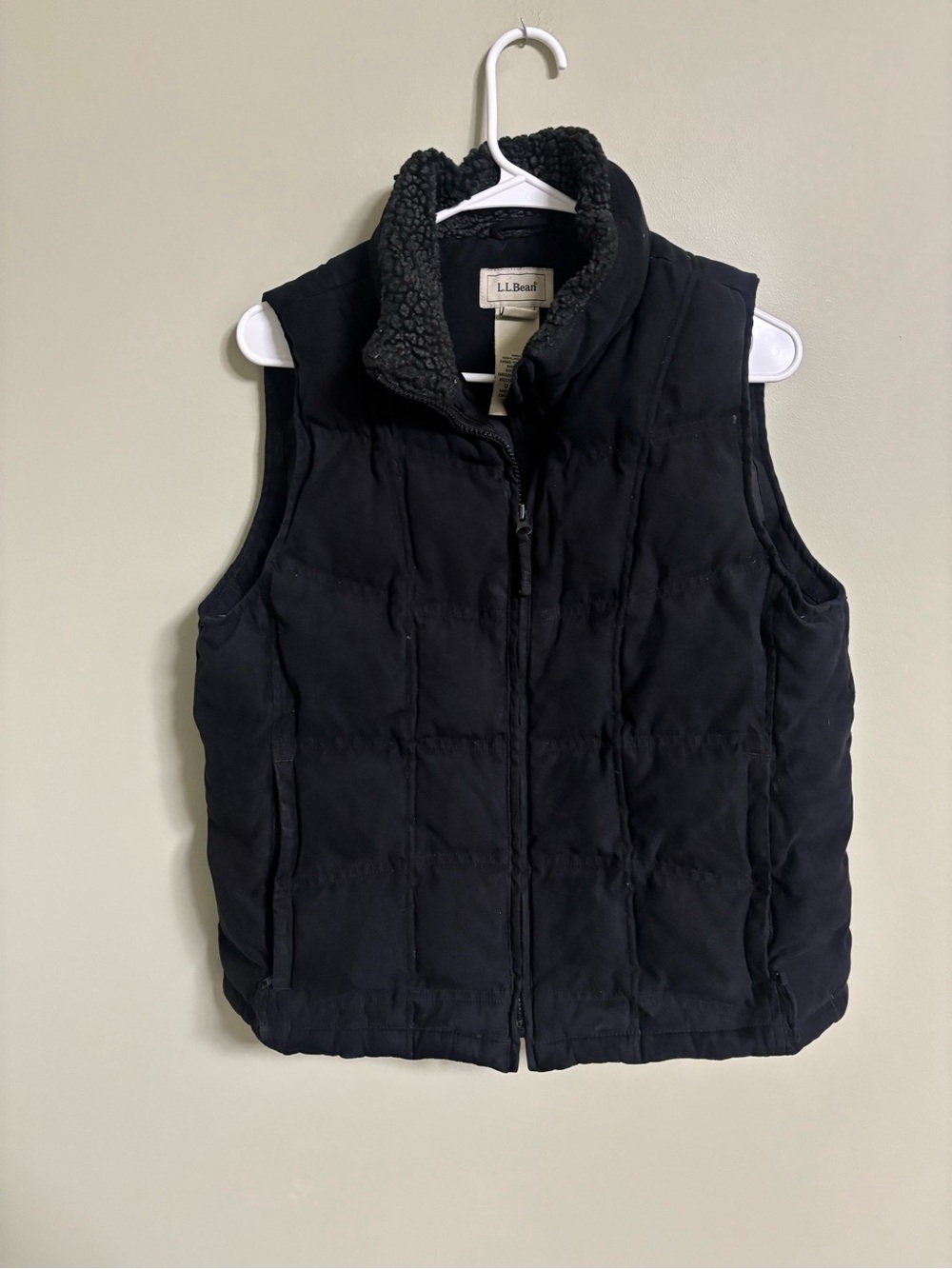 LL Bean Goose Down Puffer Vest Black Womens Large Petite Quilted Sherpa Collar